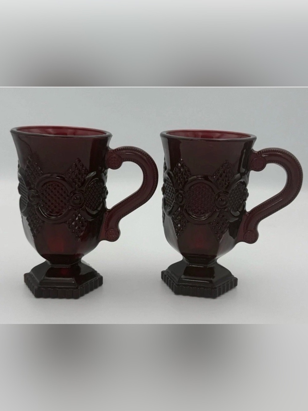 Vintage Avon 1876 Cape Cod Ruby Red Pedestal Glass Coffee Mugs Pressed Lot Of 2 - Picture 2 of 10